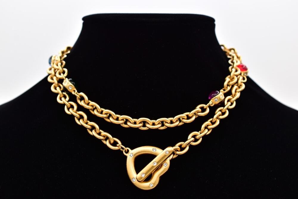 Givenchy Vintage Brushed Gold Cabochon Heart Chain Necklace Crystal Signed Bin2